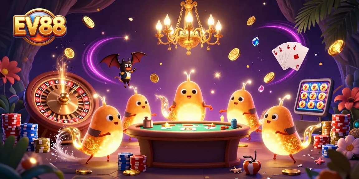Experience the vibrant casino environment of EV88 with lively glowworms and dynamic games.