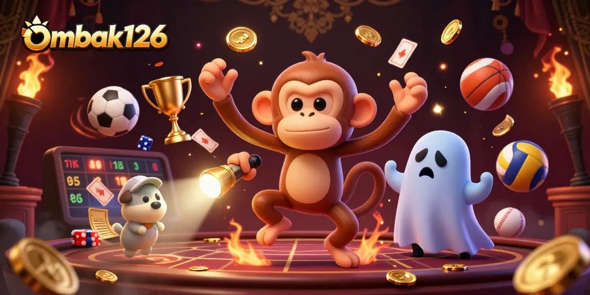 Engage with ombak126 at a haunted casino featuring a mischievous monkey juggling golden game elements.