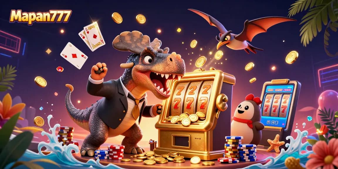 Mapan777 action-packed digital illustration depicting a pachycephalosaurus winning jackpots alongside lively characters.