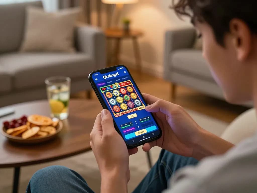 Player spins reels in gtatogel mobile app, enjoying online slot gaming experience at home.