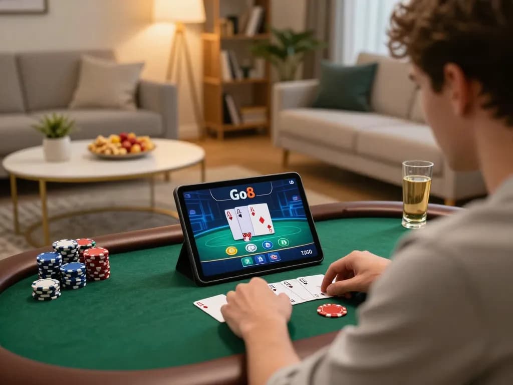Player enjoying strategic poker gameplay online with Go8 themed atmosphere in cozy living room.