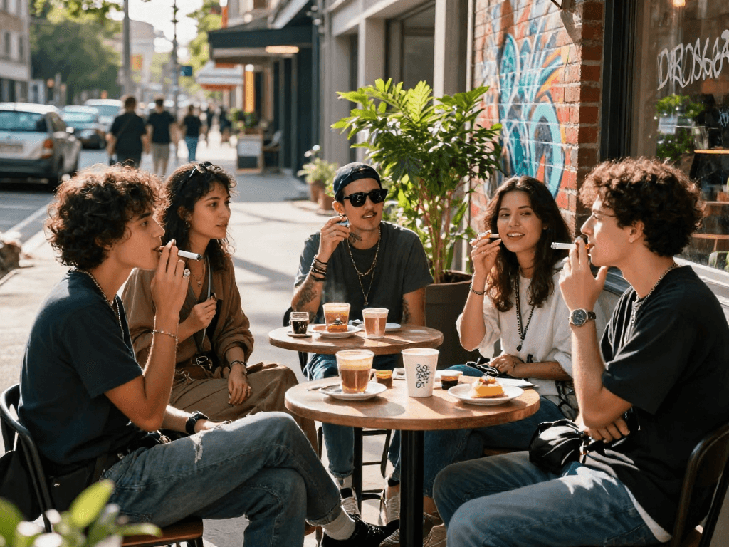 Friends enjoying rokok88 cigarettes at a vibrant urban café terrace, showcasing youth culture.