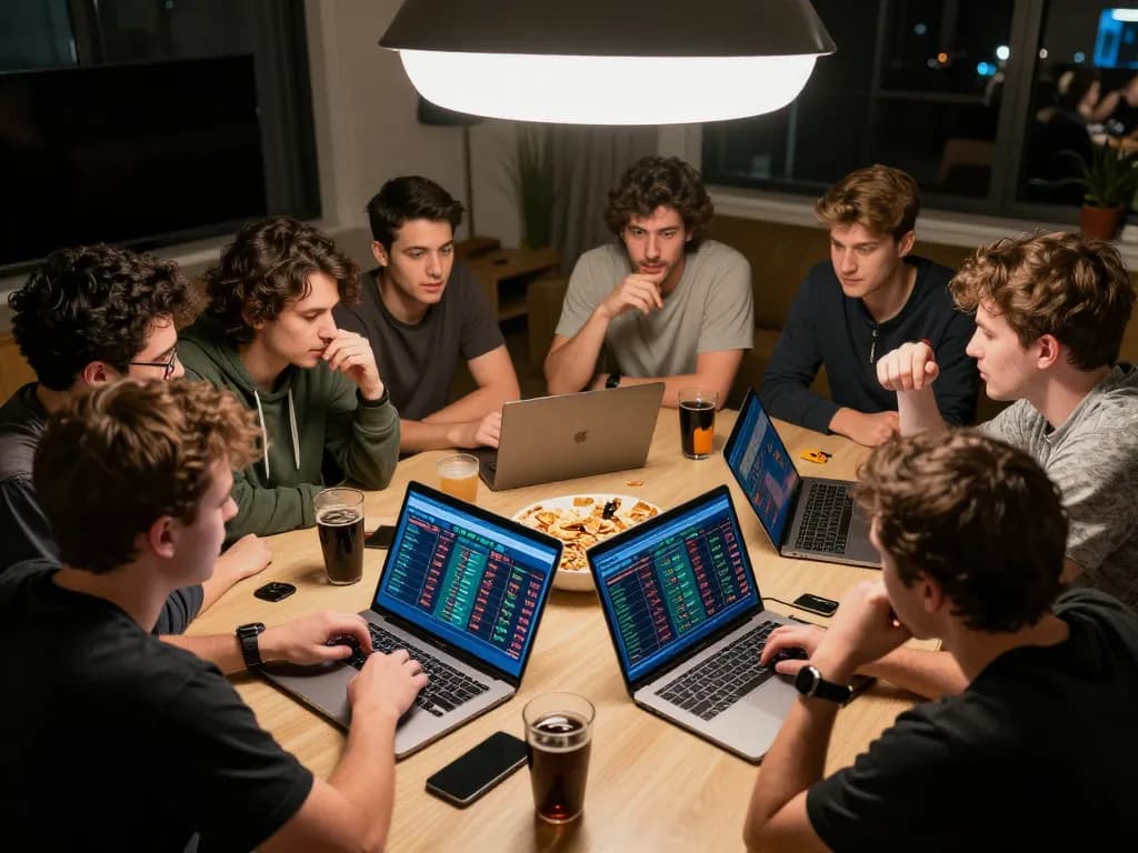 Friends using LC88 for intense sports betting strategies at home, lively atmosphere with laptops and snacks