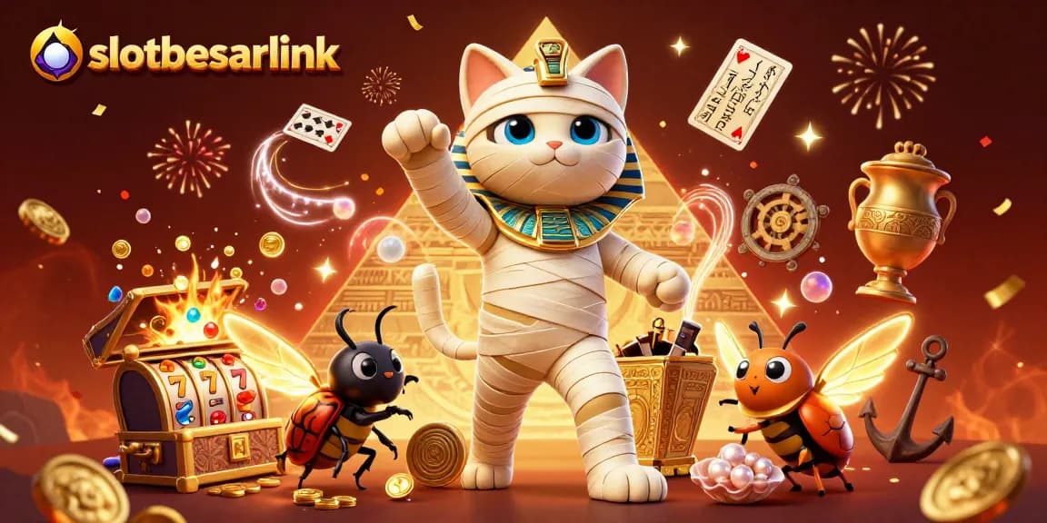 Experience winnings at slotbesarlink featuring a mummy cat and vibrant casino elements.