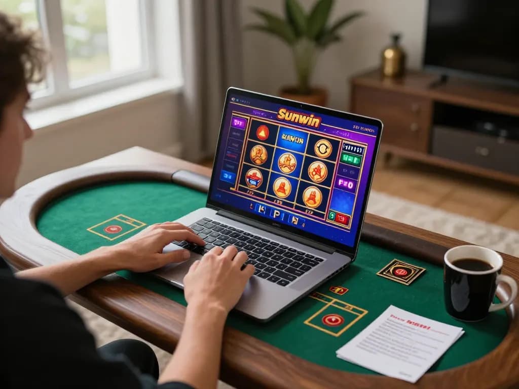 Người chơi tham gia tận hưởng các trò chơi casino trực tuyến Sunwin trên laptop tại nhà, thể hiện lối chơi sống động.