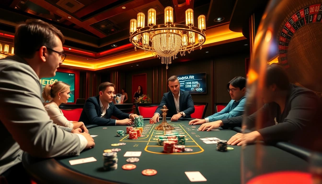 Exciting poker game action at god55.fit casino, featuring vibrant chips and dealers in a luxurious setting.
