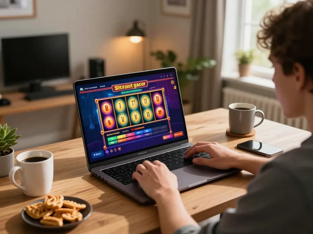 Sparking excitement with situs slot gacor gameplay on a laptop in a cozy home office.