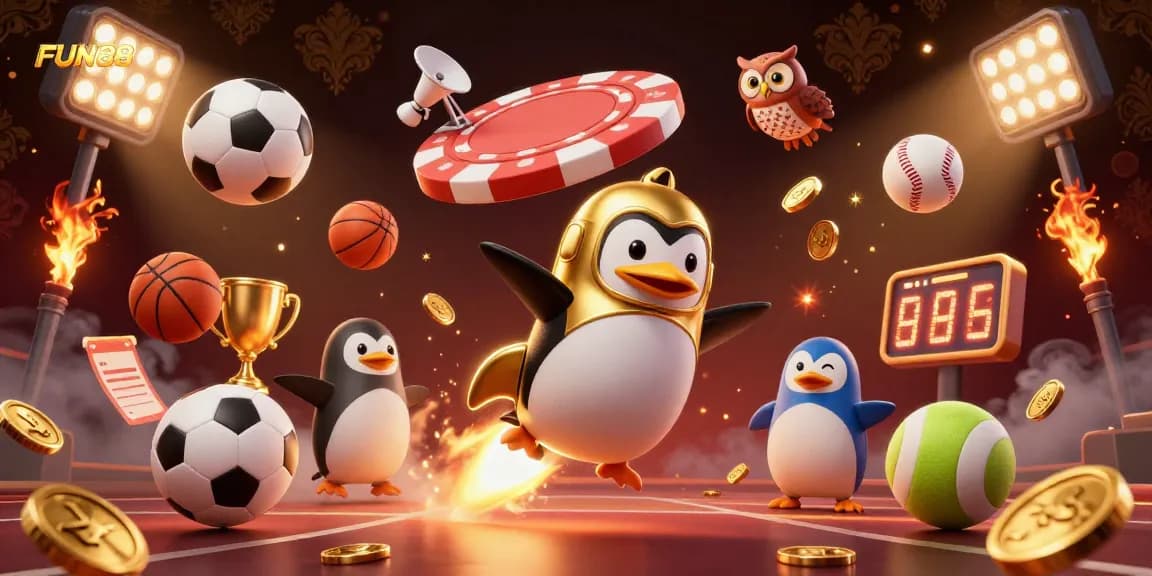 Bet on FUN88 with a vibrant 3D illustration of a golden penguin soaring past dynamic casino elements.