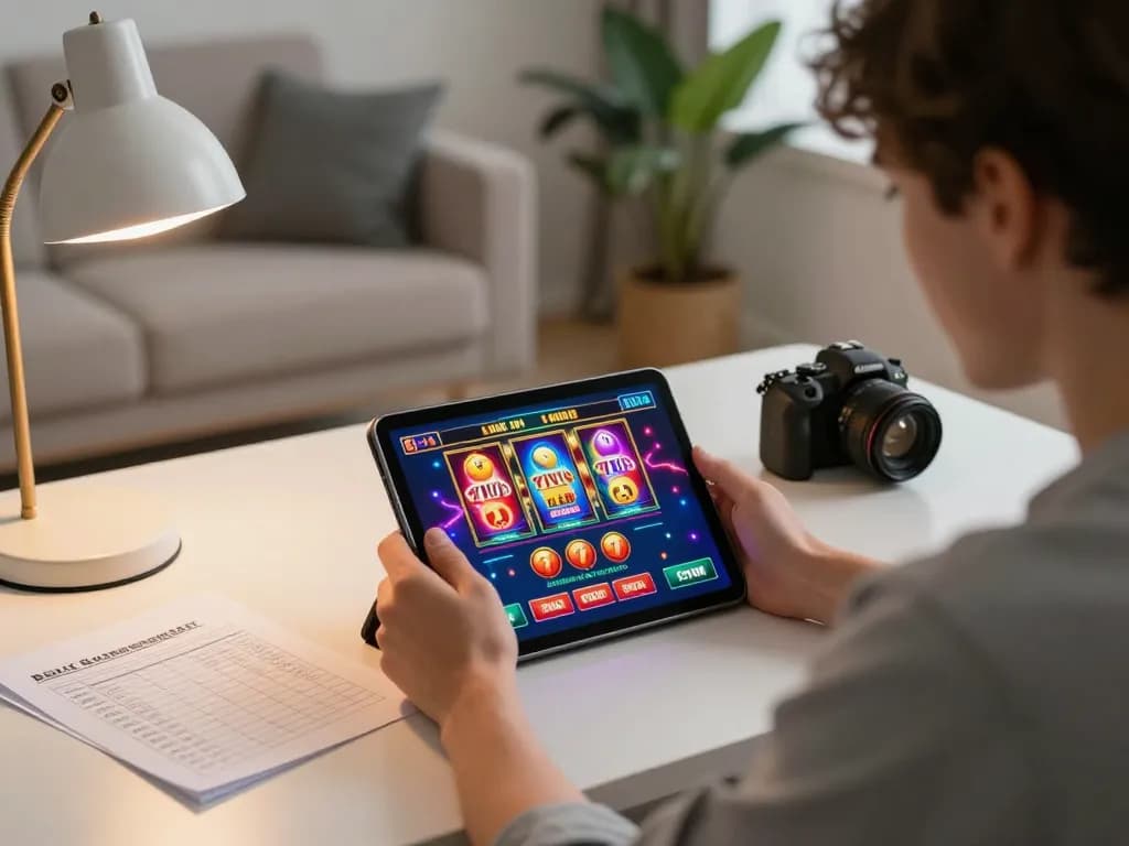 Engaging with live slot games through 77WIN on tablet, showcasing responsible gambling practices
