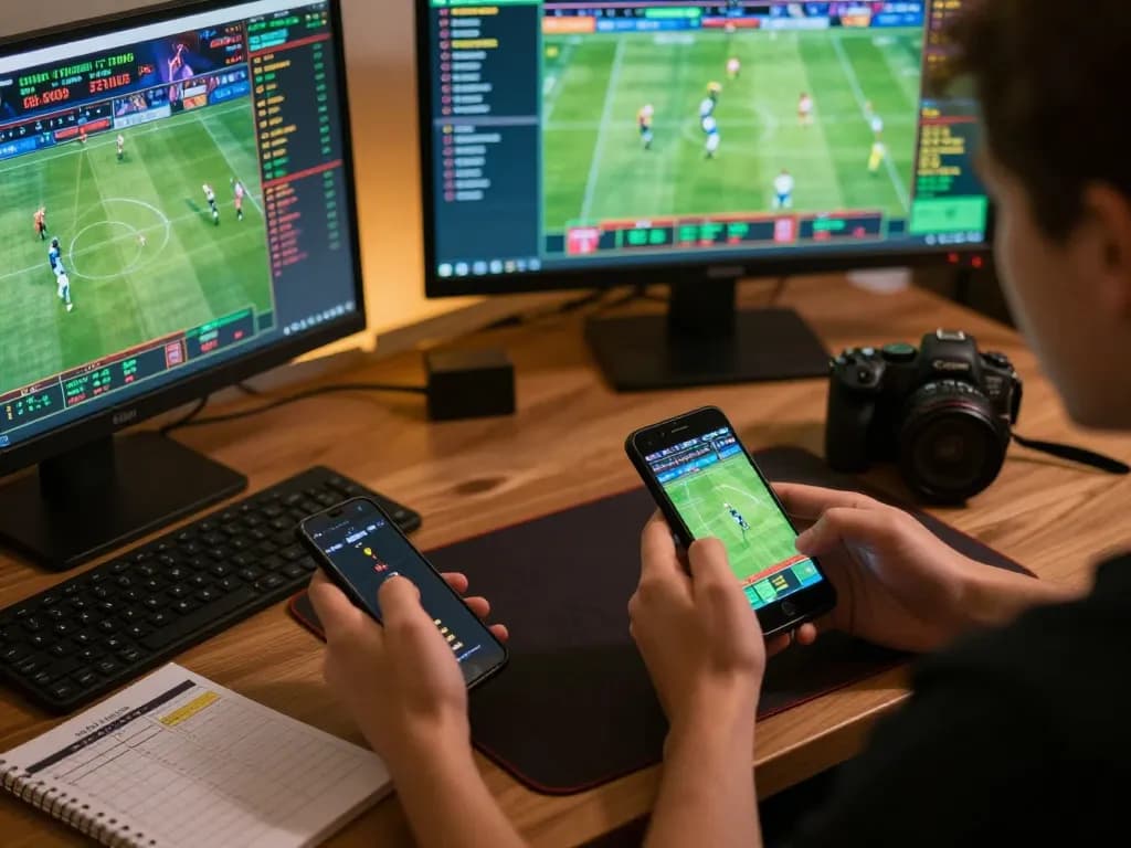 Hands placing bets on XX88 using smartphone in a cozy home office setting, highlighting online sports betting excitement.