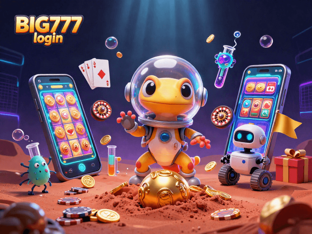 Engage with the BIG777 login experience featuring a Martian gecko exploring a golden casino.