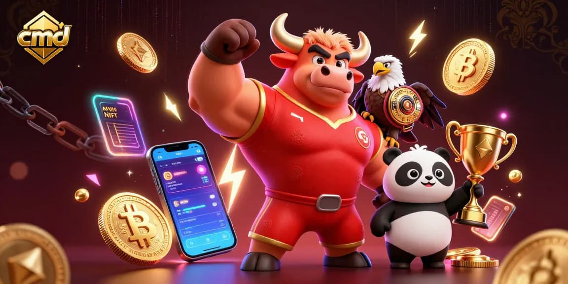 cmd celebrates wins with a dynamic bull, eagle, and panda amidst cryptocurrency excitement.
