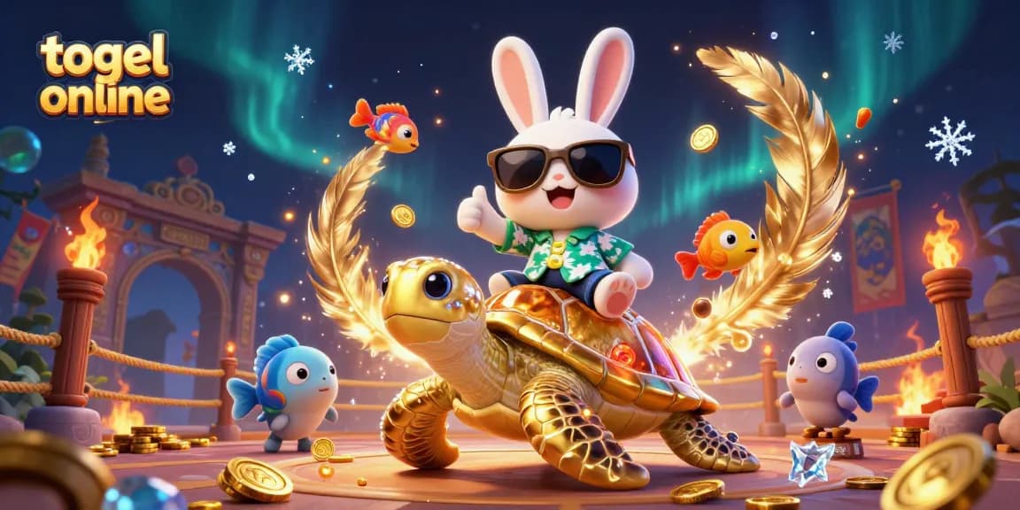Engage in togel online gaming with a vibrant scene of a lucky rabbit and turtle amidst colorful graphics.
