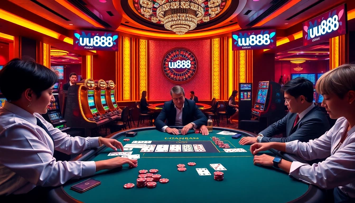 Players enjoying a poker game at the nhà cái u888 casino, featuring vibrant chips and cards.