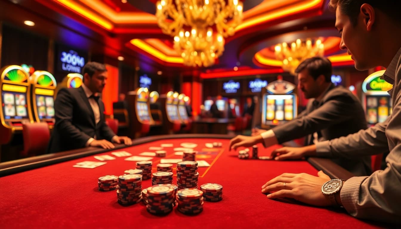 A player enjoying the k9k9 game at a vibrant casino table with colorful chips and cards.