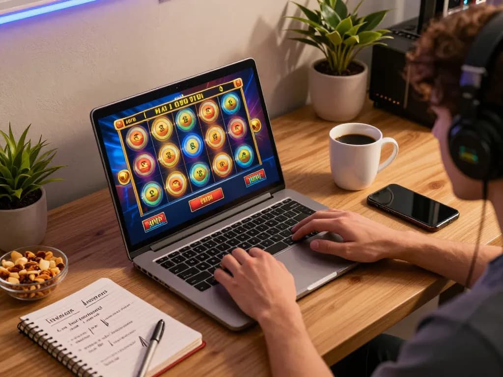Engaged player enjoying online slot games on a laptop, showcasing vibrant casino atmosphere.