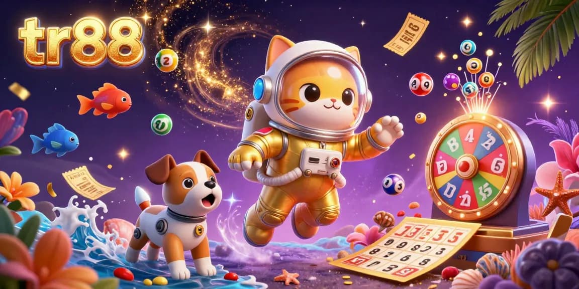 Experience the excitement of tr88 with a dynamic illustration of a space cat and robot dog in a cosmic casino adventure.
