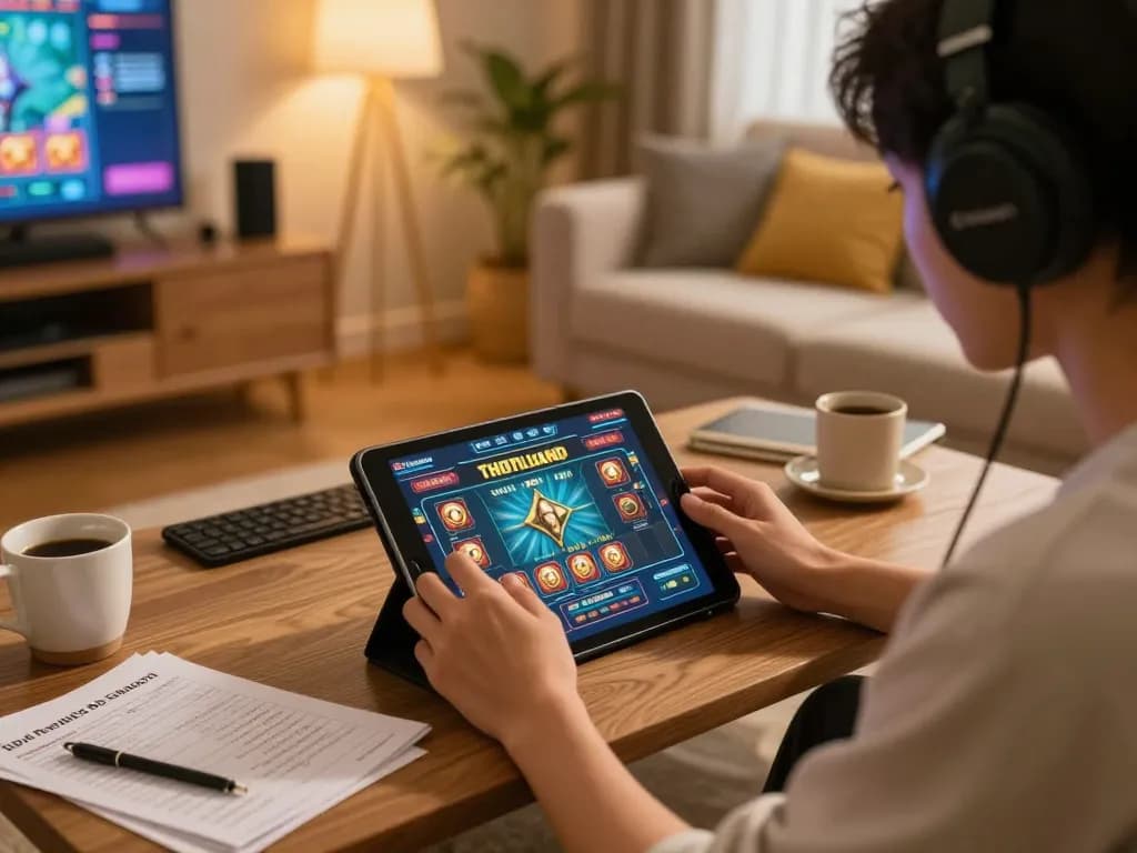 Berpartisipasi dalam permainan Slot Thailand secara online di https://thailandlotteryresult.org/ menggunakan tablet, suasana rumah yang hangat