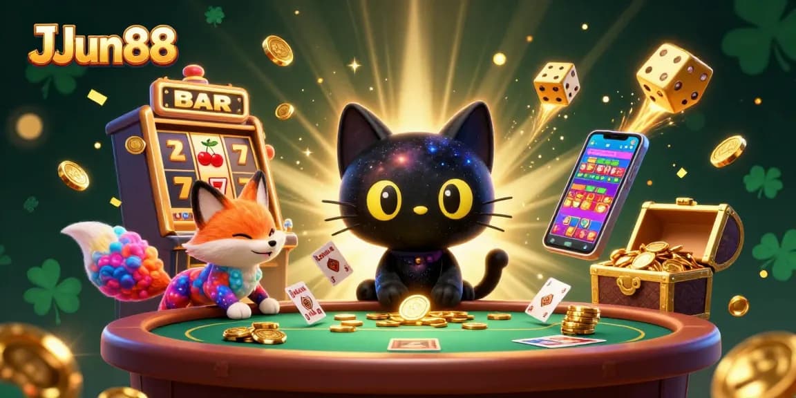Engage with JJun88's vibrant casino atmosphere featuring dynamic gaming elements and colorful characters.