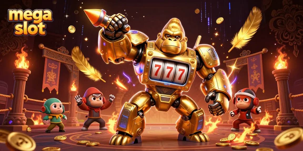 Menang besar di mega slot dengan karakter gorilla emas dan simbol slot ikonik yang memukau.
