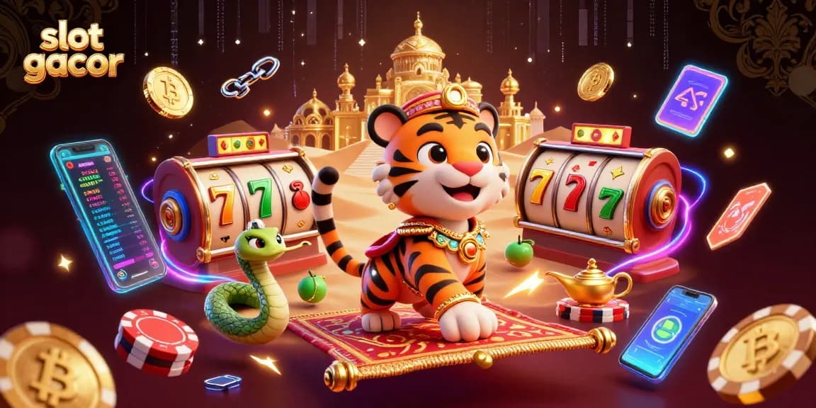 Experience slot gacor excitement with a vibrant Arabian Nights scene filled with jackpots and Bitcoin elements.