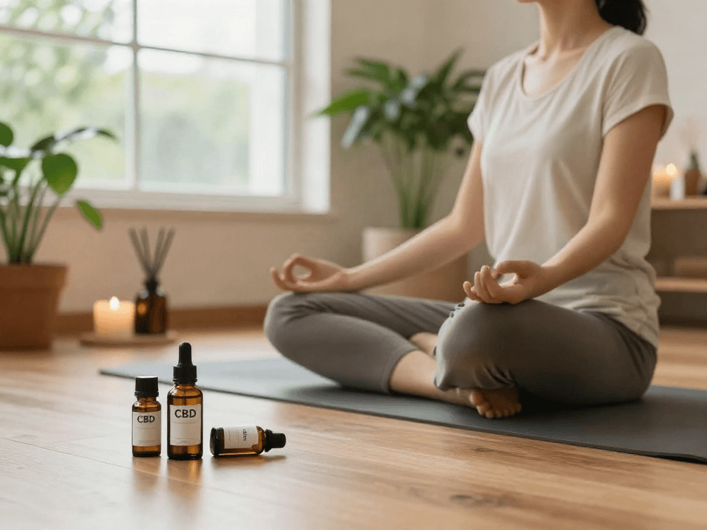 CBD Ratgeber mit einer Person in Yoga-Pose, umgeben von CBD-Öl und Pflanzen in einem ruhigen Raum.