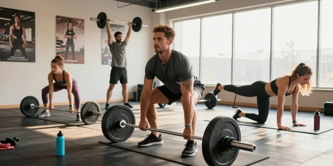 Driada Medical Shop offers a vibrant gym scene highlighting diverse fitness activities, with individuals exercising and engaging in healthy lifestyles.