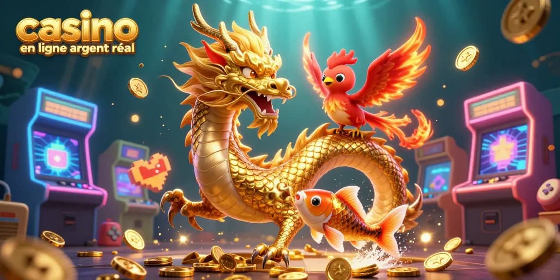 Jouez à des jeux riches dans un casino en ligne argent réel, avec un dragon doré, un phénix et des pièces d'or.
