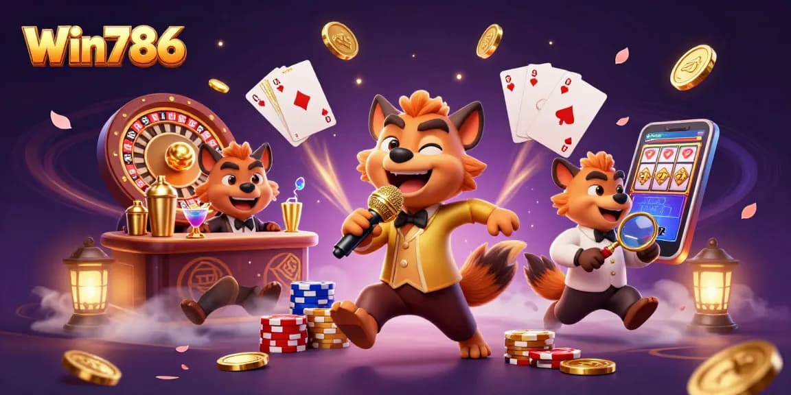 Win786 hyenas in a comedy casino scene, mixing drinks and checking IDs while enjoying thrilling gaming.