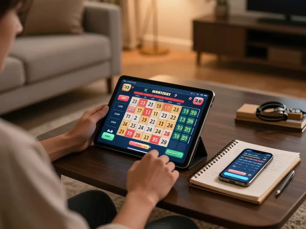 Prediksi Jitu shown on a tablet screen during online lottery gameplay at home, emphasizing strategic decision-making.