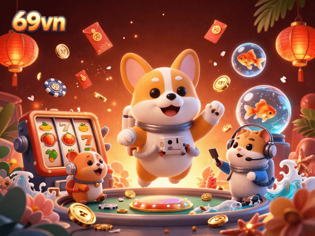 Experience thrilling gaming at 69vn with a fun, dynamic space casino scene featuring floating elements.