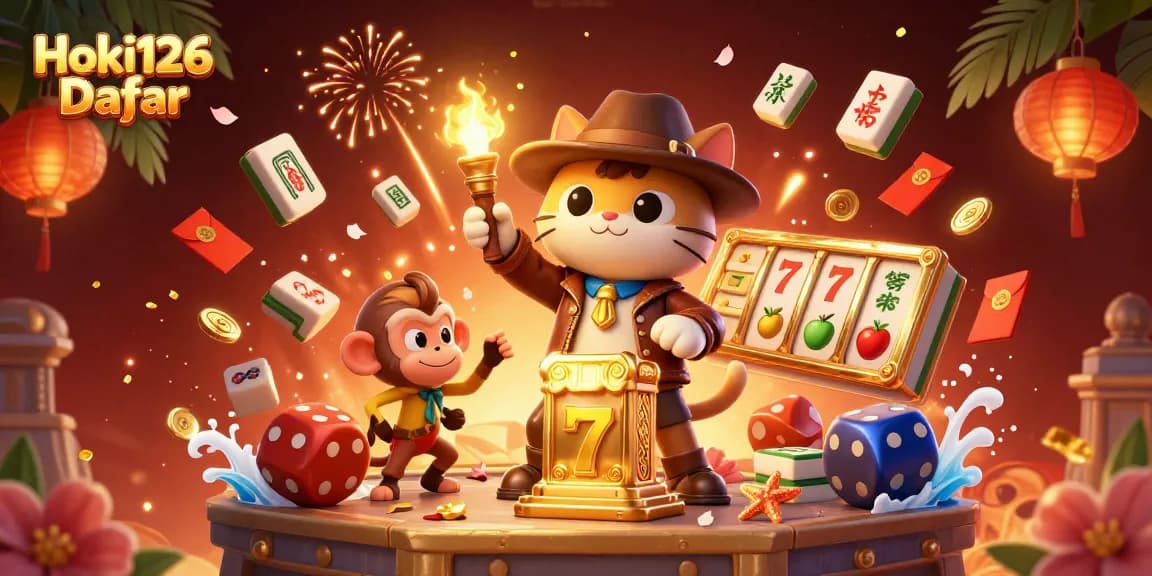 Reveal the allure of Hoki126 Daftar with an adventurous cat uncovering casino treasures amid stunning visuals.