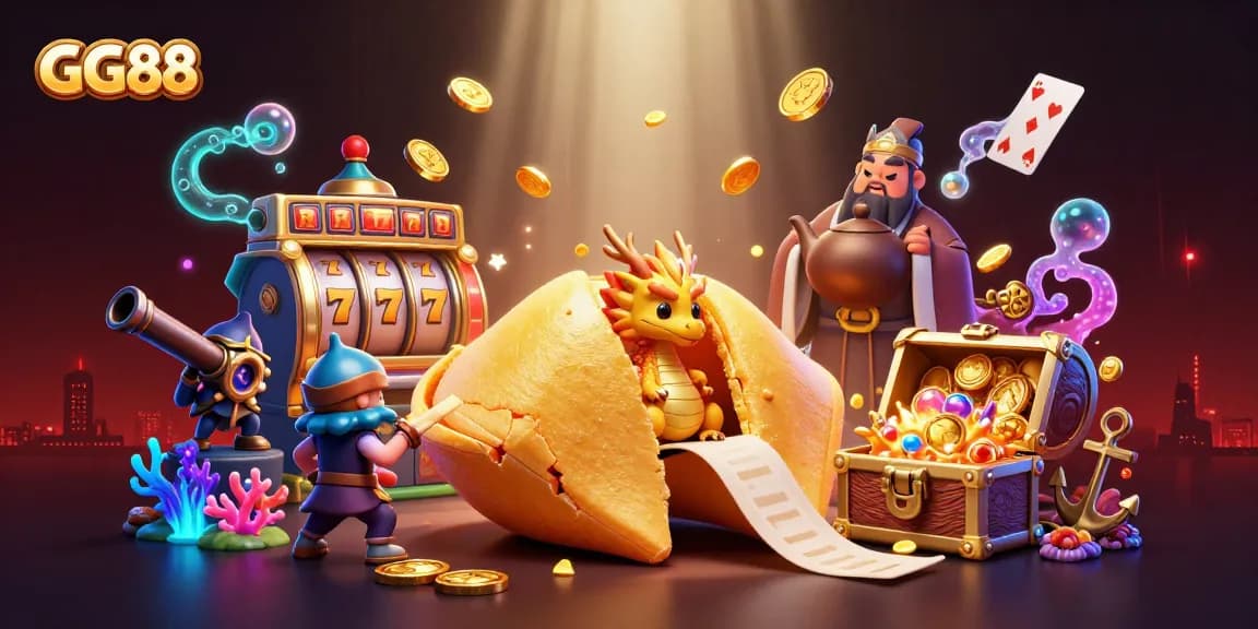 Experience thrilling wins at GG88 with a vibrant 3D casino scene showcasing lucky slots and cherished treasures.
