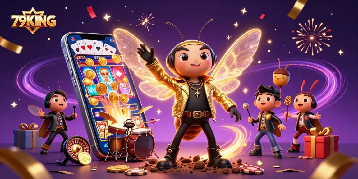 Experience the excitement of 79KING with a vibrant 3D casino scene featuring slot games and animated characters.