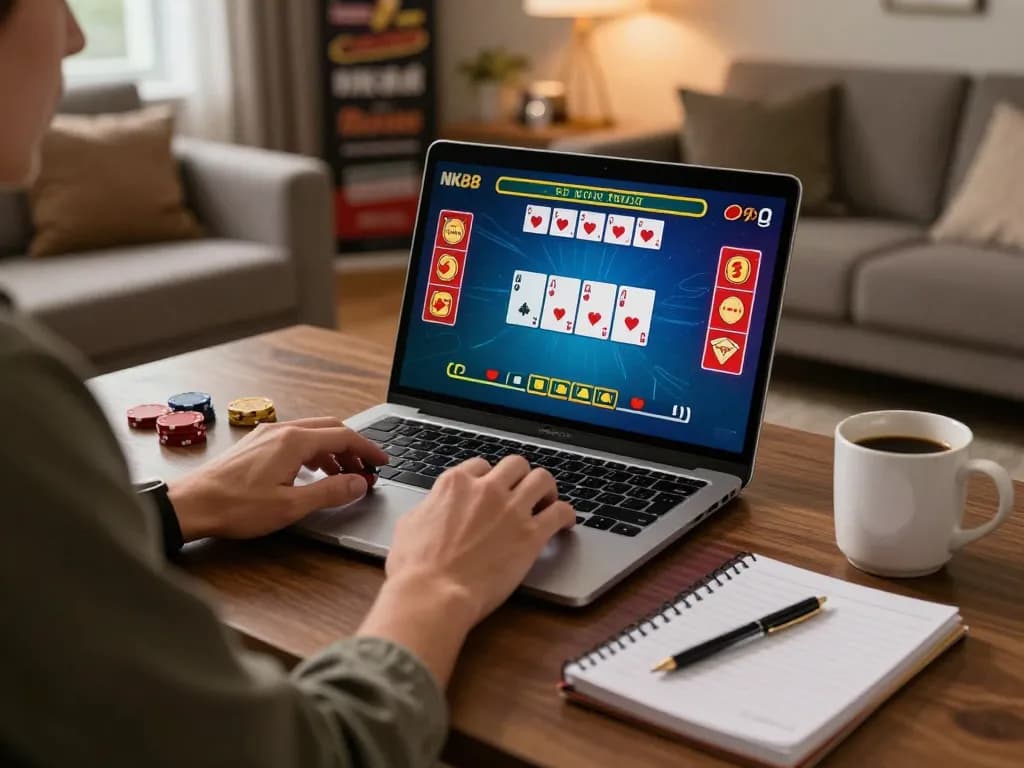 Player enjoying NK88 online casino blackjack game at home with laptop and strategy notes.