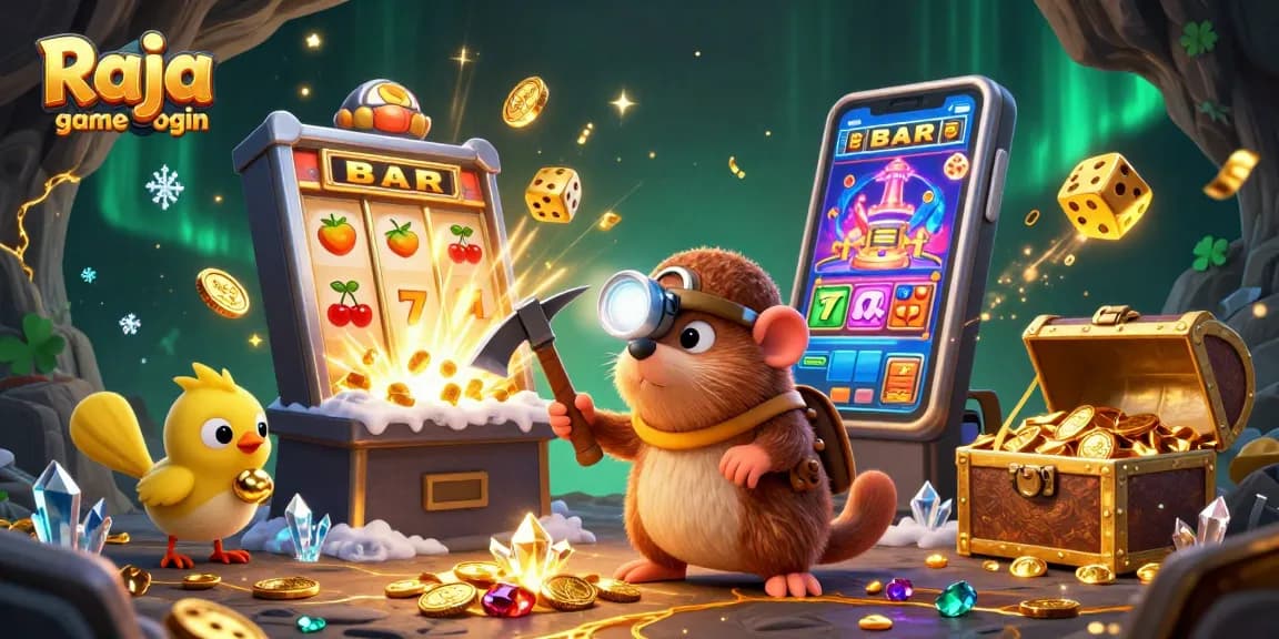 Play exciting games with Raja game login, featuring a vibrant 3D scene full of casino rewards.