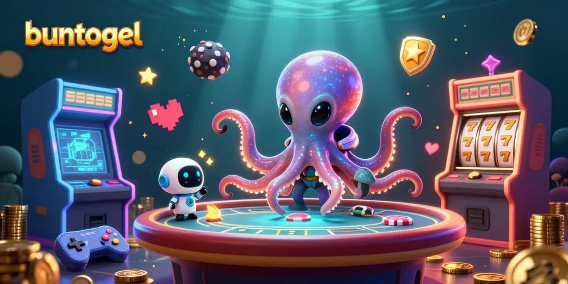 Experience exciting gameplay at Buntogel with vibrant casino-themed 3D illustration.