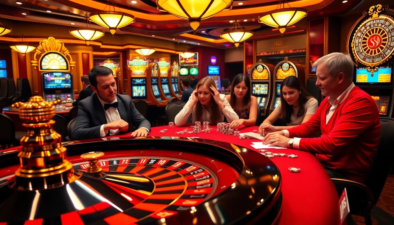 Experience the thrill of gambling at https://f8beta2.support/ with a vibrant casino scene showcasing roulette and poker.