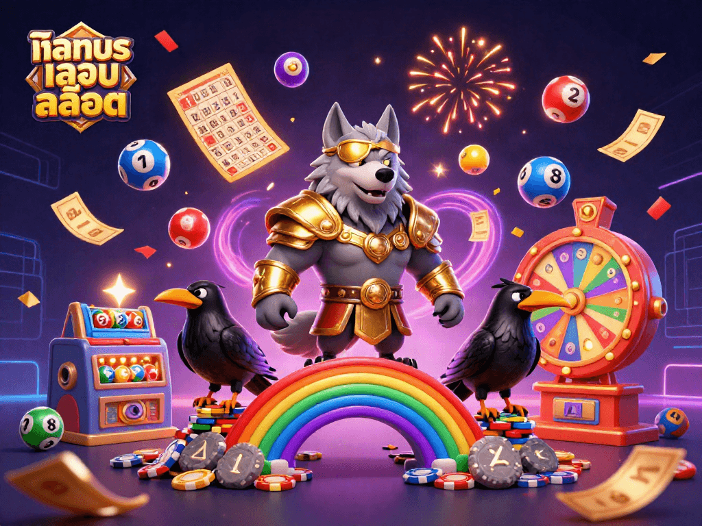 Experience ทดลองเล่นสล็อต with a vibrant 3D casino scene featuring lottery elements and Norse mythology characters.