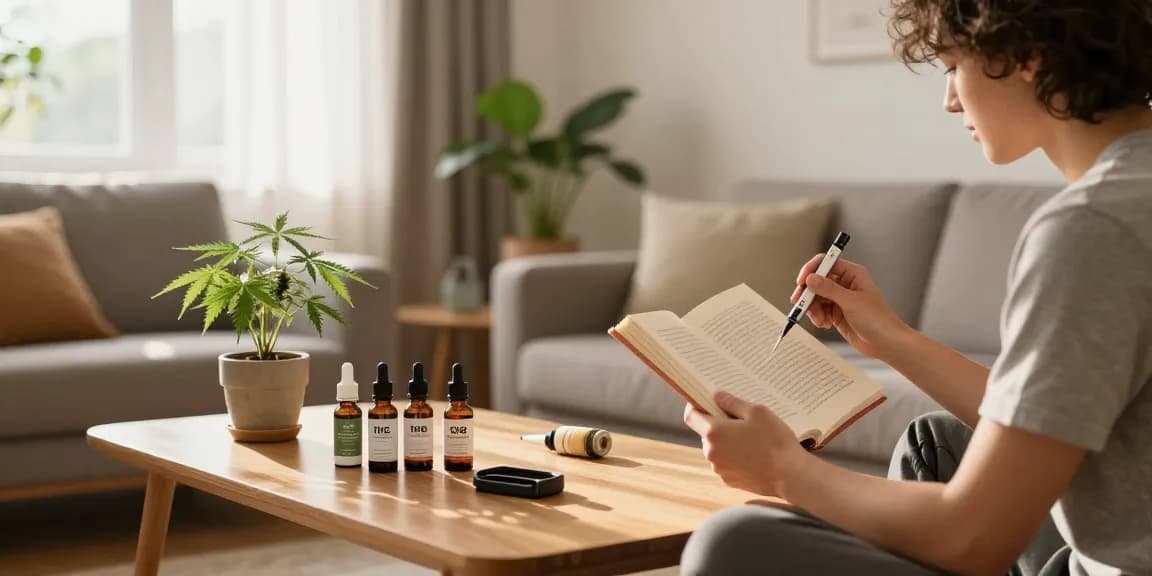 Relaxing scene with a thc vape device, CBD products and hemp plant, promoting natural wellness.
