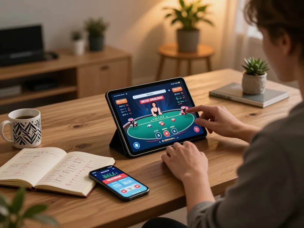 Engaged player enjoying poker on the Sunwin casino app in a cozy home setting.