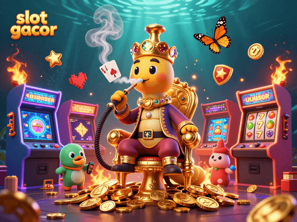 Ilustrasi slot gacor dalam 3D yang menampilkan karakter menarik di kasino dengan elemen permainan slot
