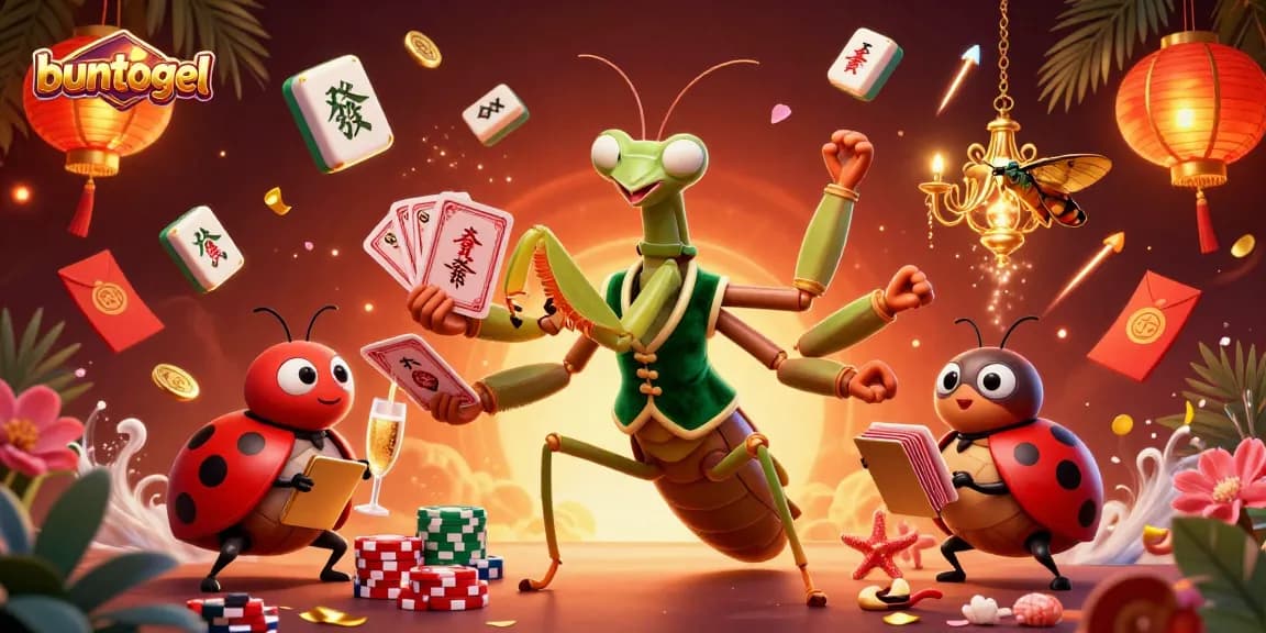 Buntogel offers exciting gaming experiences with a giant mantis card sharp and ladybug pit boss in an engaging scene.