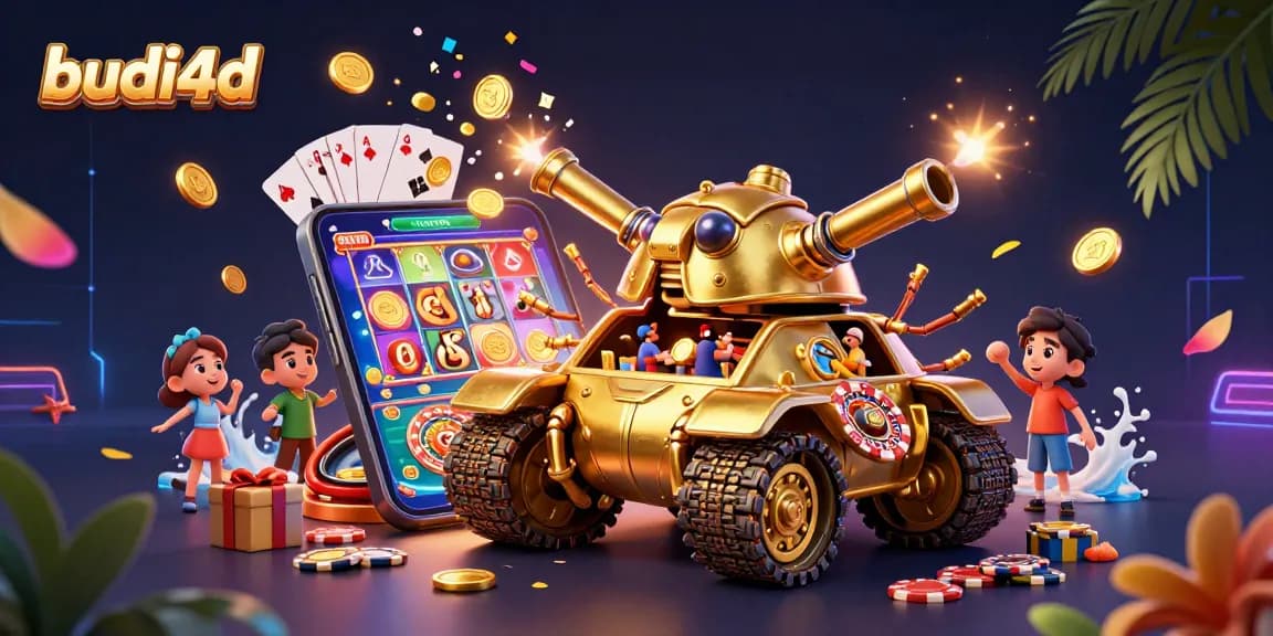 Budi4d offers engaging online gambling experience with a vibrant 3D illustration of a golden tank casino.