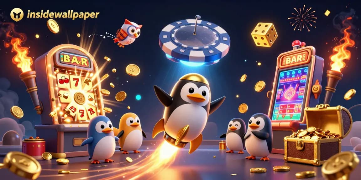 Menggandeng insidewallpaper, penguin emas berenergi roket meluncur ke stasiun kasino yang megah.