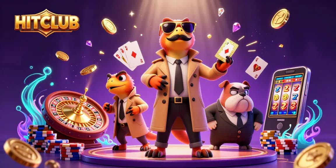 Experience excitement at HITCLUB with raptors sneaking into a casino, surrounded by glittering coins and poker chips.
