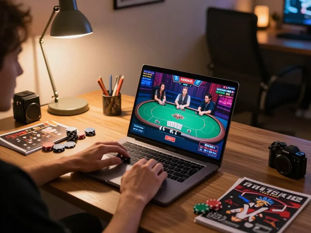 Person enjoying F168VIP online gaming, with poker chips and strategy notes in a cozy atmosphere