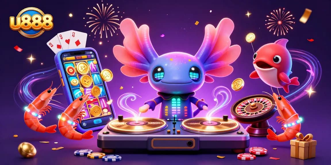 Engage with u888 through an electrifying casino scene featuring a colorful DJ and vibrant game symbols.