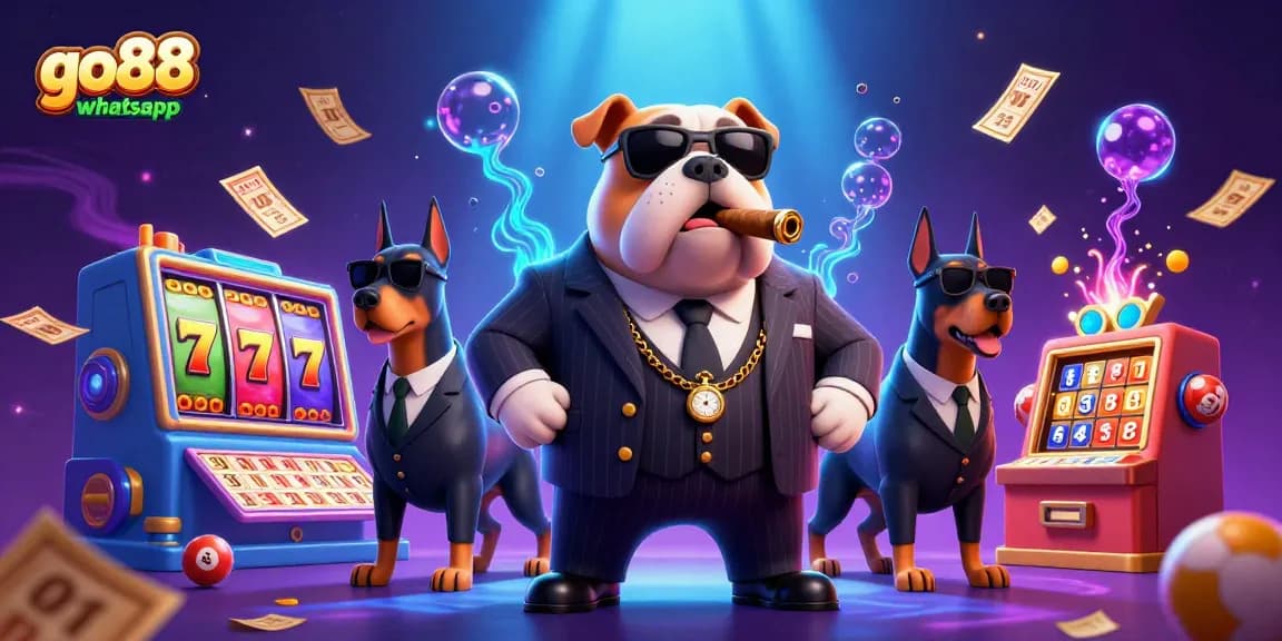 Engage with go88 whatsapp in a vibrant online casino scene featuring cartoon characters and dynamic gambling elements.