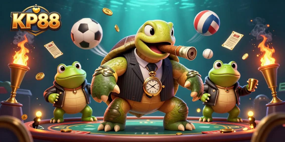 Engage with KP88's thrilling casino experience featuring a cartoon turtle and dynamic gaming elements.